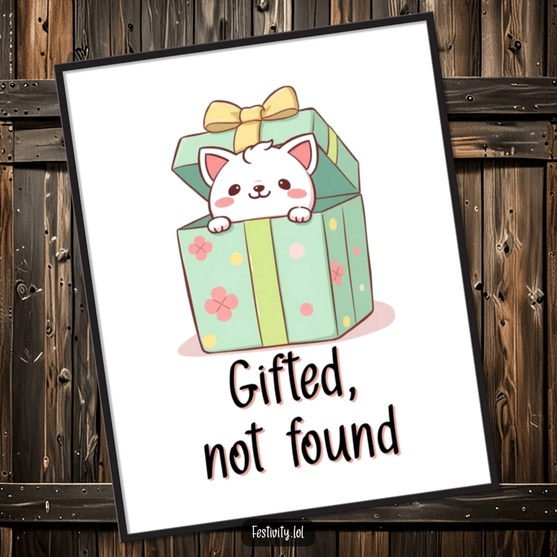 Funny poster depicting a playful critter peeking from a decorated gift box, a charming piece of humorous wall art.