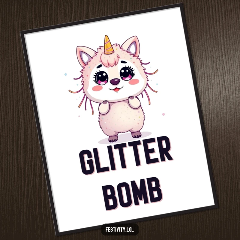 Funny surprised animal covered in streamers and glitter on a festive and humorous poster.