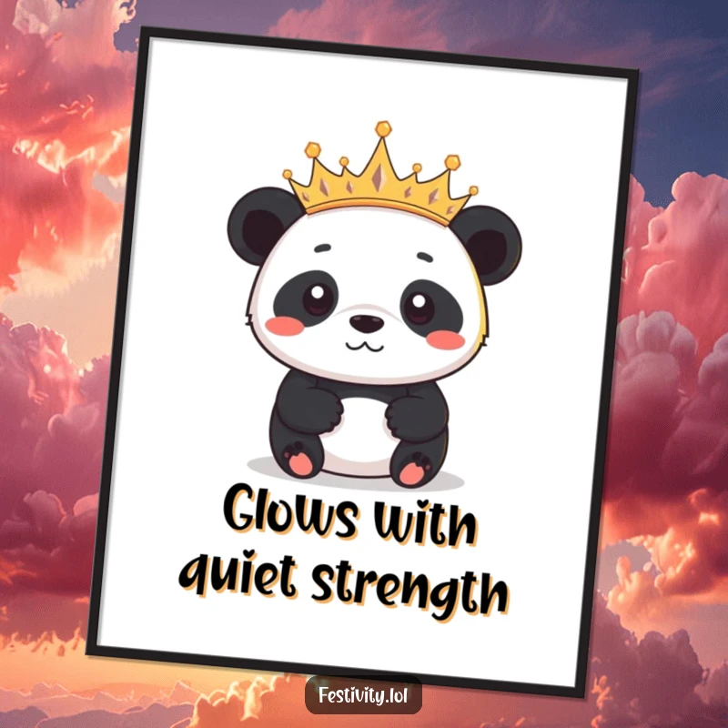 Funny determined panda proudly wearing a crown made of tiny twinkling lights, depicted as majestic wall art.