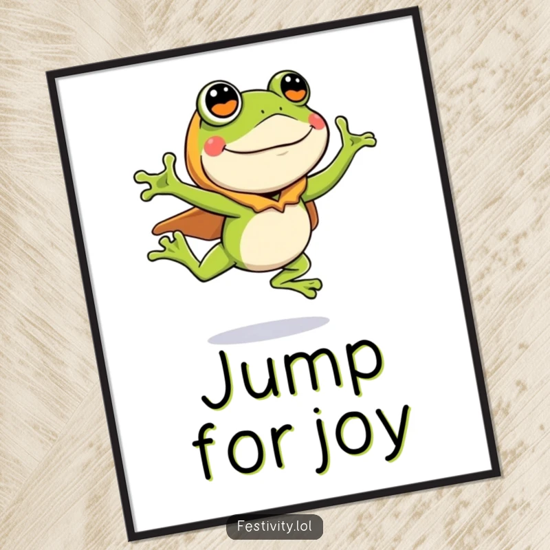 Funny poster art of a silly frog in costume, leaping with great enthusiasm, vibrant and humorous wall decor.