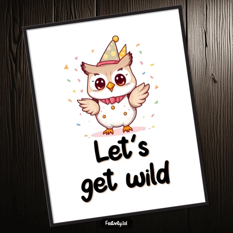 Funny tiny owl character dressed as a party planner, excitedly tossing confetti on a festive poster.
