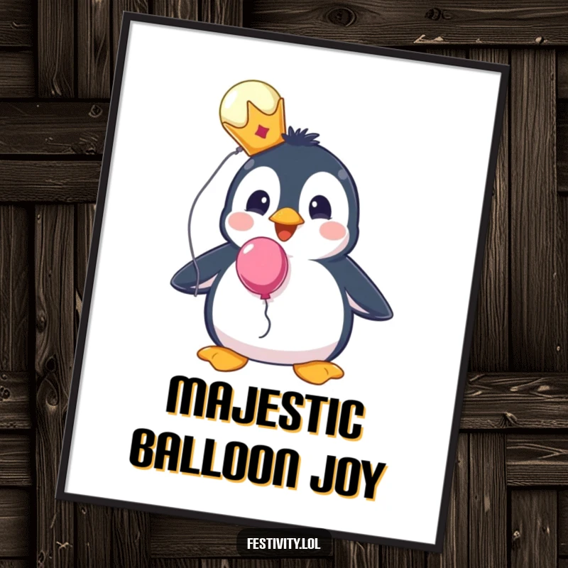 Funny art print of a surprised penguin wearing a tiny crown and holding a balloon, exuding regal charm.