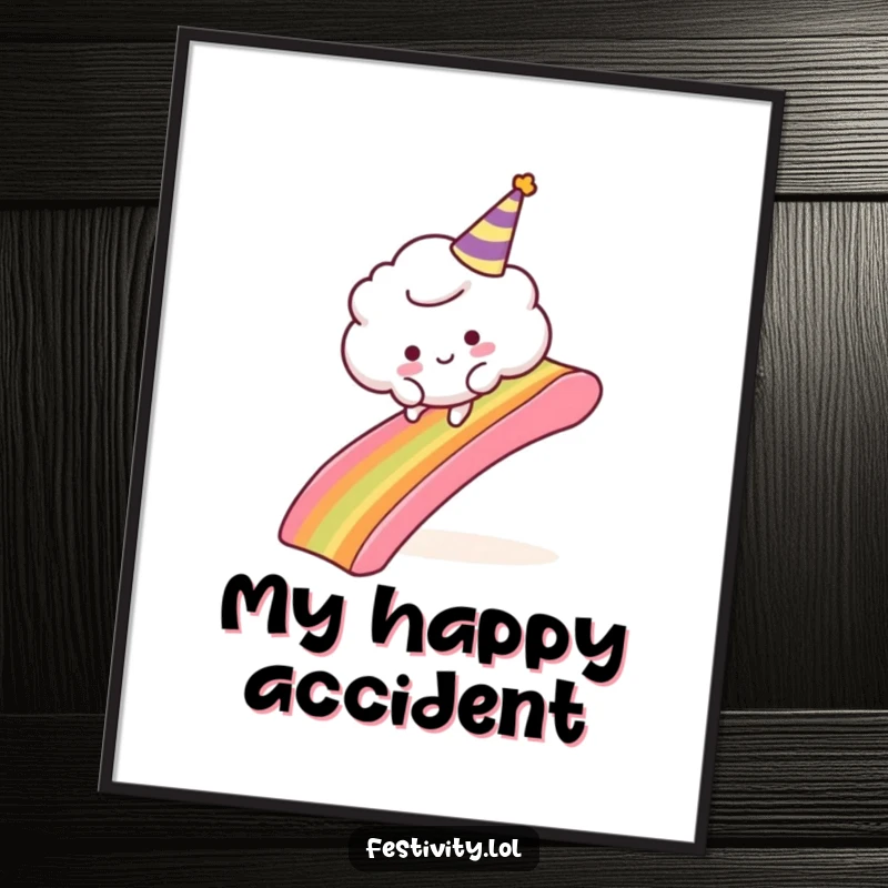 Funny Cloud Trip Poster: A charming artwork showing a cloud character comically tripping over a rainbow slide, full of whimsical fun.