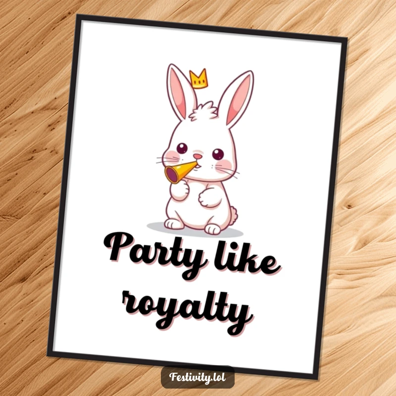 Funny poster art of a curious rabbit wearing a tiny crown, joyfully blowing a party horn.