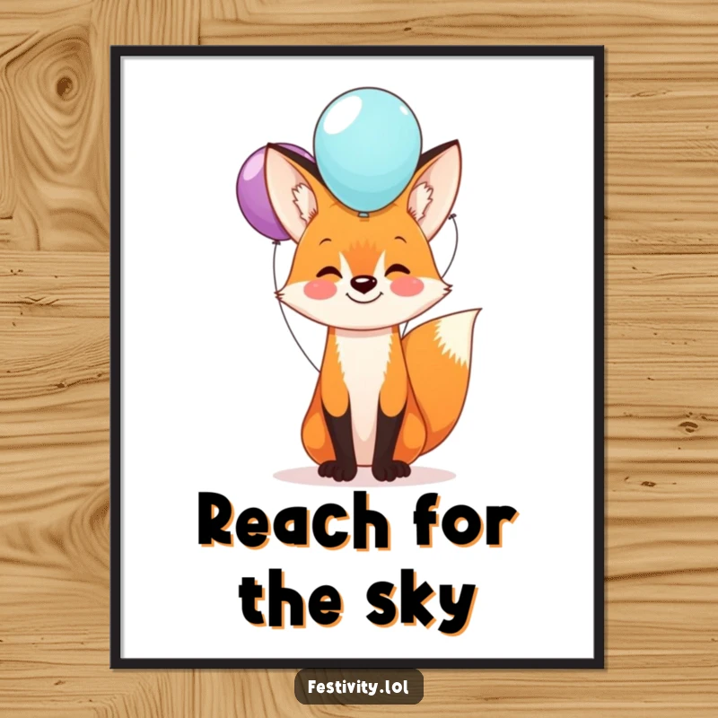 Funny fox balloon poster depicting a happy fox balancing a stack of balloons on its nose, creating a whimsical and cheerful wall art.