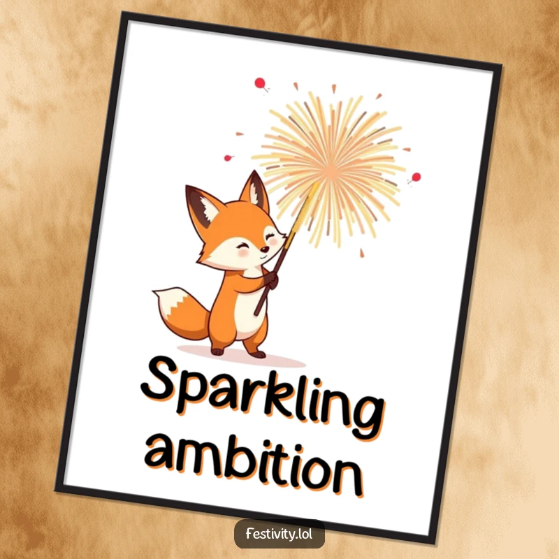 Funny Fox Poster: A determined fox holding a large firework, poised for a spectacular, funny explosion.