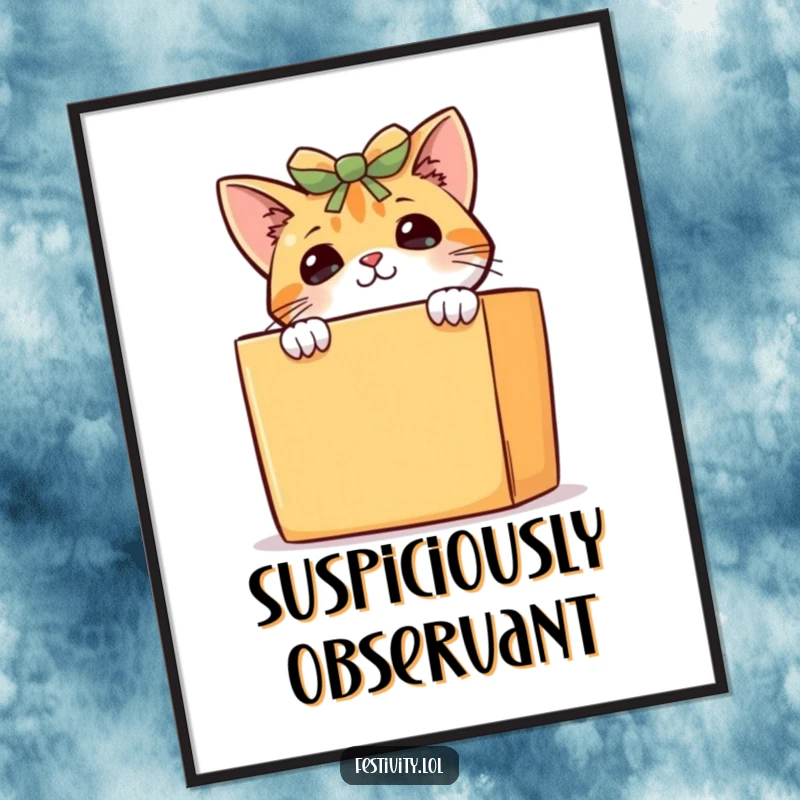 Funny curious cat poster, a cute kitten peeking from behind a large present, adding a touch of playful mystery to wall decor.
