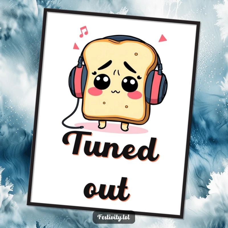 Funny confused toast character wearing headphones, head bobbing to music, creating humorous funny poster art.