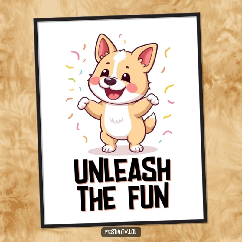 Funny poster art of a happy dog dancing joyfully with streamers wrapped around it, vibrant and humorous wall decor.