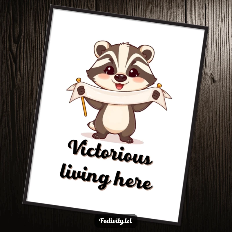 Funny Badger Poster: A triumphant badger holds a banner with a proud, happy expression, bringing humorous celebration to your decor.