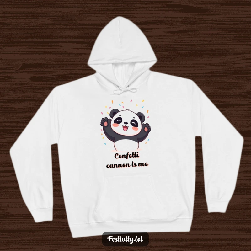 Funny Panda Hoodie, cozy and warm, gleefully tossing a cloud of confetti, perfect for spreading cheer.