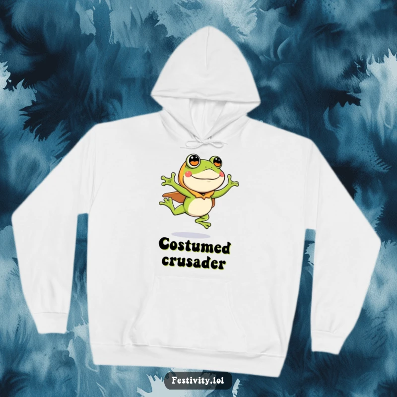 Funny hoodie with a silly frog wearing a costume, leaping enthusiastically, cozy and humorous attire.