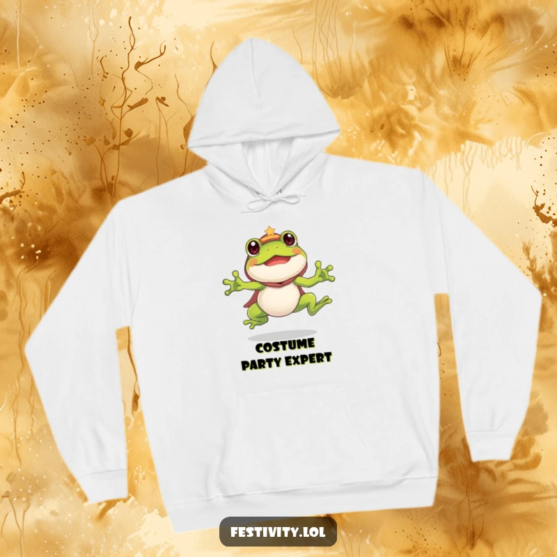 Funny Frog Hoodie: A silly frog in costume leaps energetically, offering humorous warmth and playful vibes.