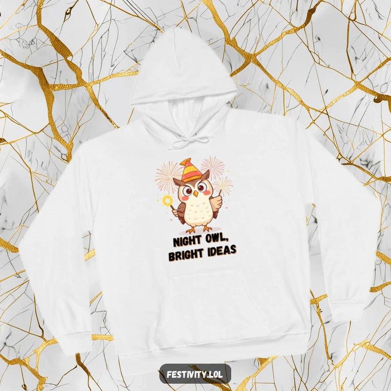 Funny hoodie featuring a determined owl wearing a silly hat, holding a match to a giant firework, embodying bold action.