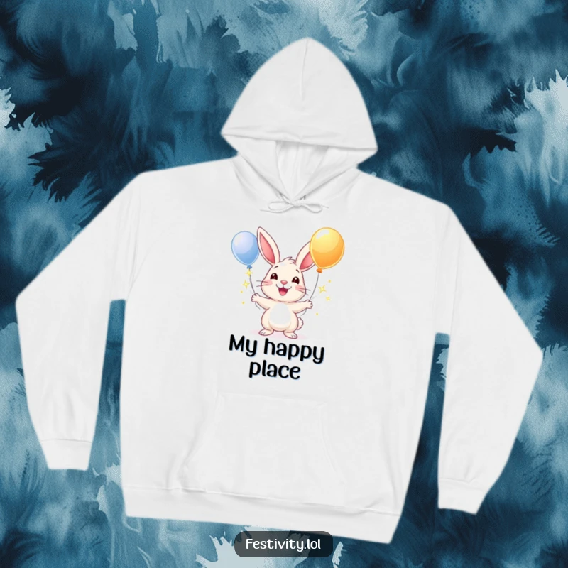 Funny hoodie depicting a happy rabbit juggling sparkling balloons with a wide, cheerful grin, perfect for cozy moments.