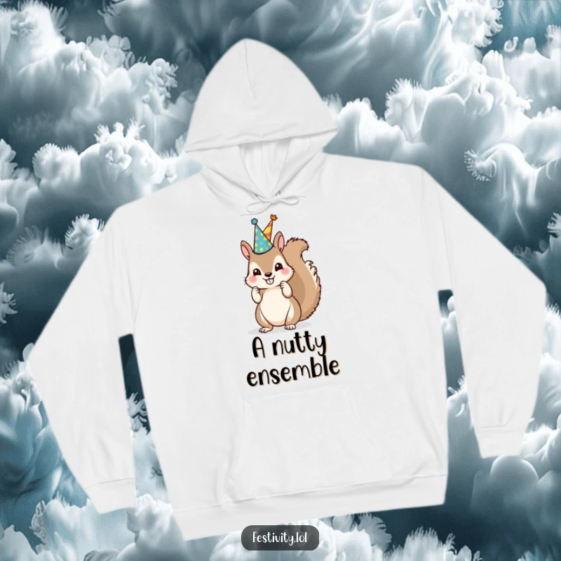 Funny Squirrel Party Hat Hoodie depicts a mischievous squirrel stacking party hats, radiating warmth and playful energy.