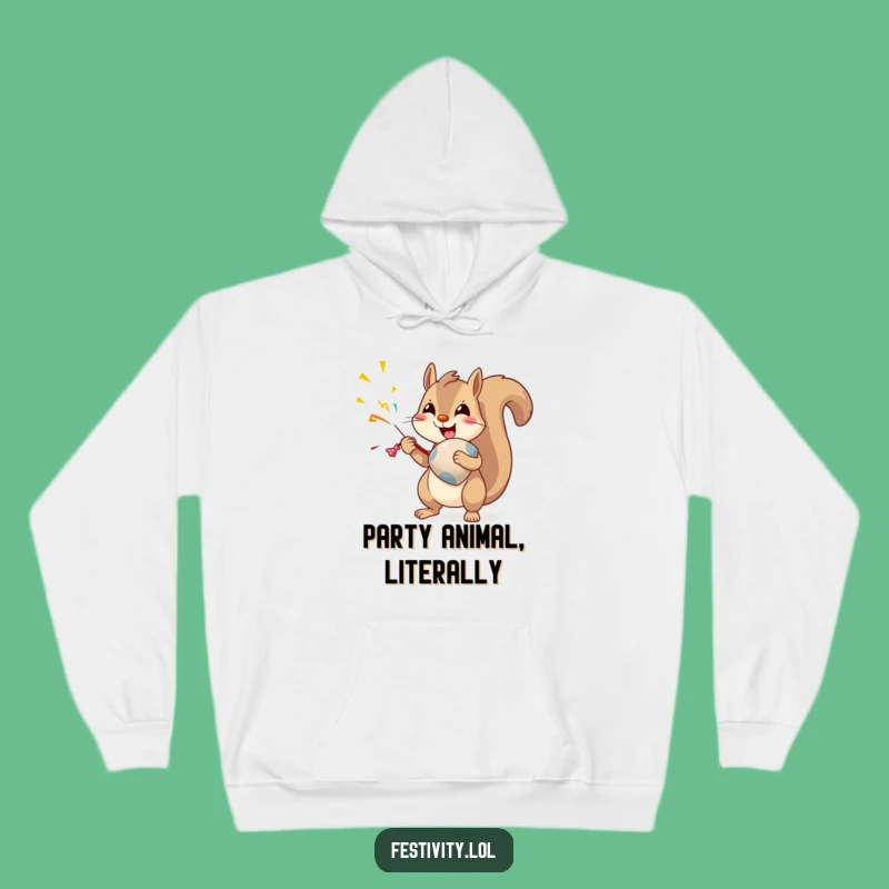 Cozy Funny Squirrel Party Popper Hoodie: Warmth and Laughter Guaranteed