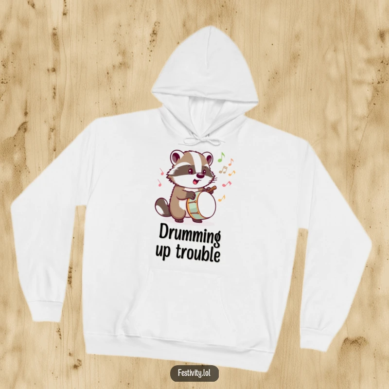 Funny hoodie with a determined badger drumming powerfully, musical notes exploding outwards, perfect for cozy music sessions.