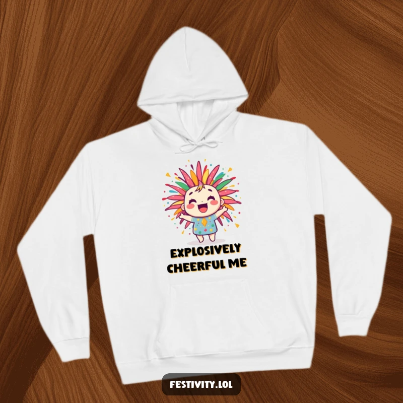 Funny hoodie with a jubilant firework character bursting with colorful, joyful patterns, radiating warmth and fun.
