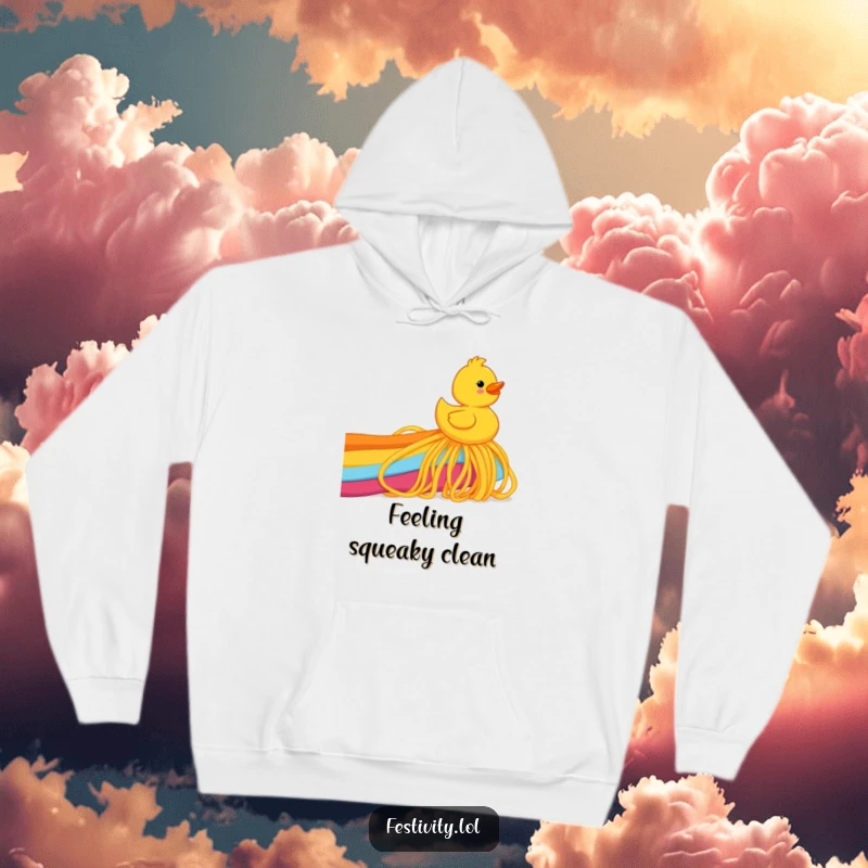 Funny rubber ducky joyfully sliding down a rainbow made of spaghetti, featured on a warm and humorous hoodie.