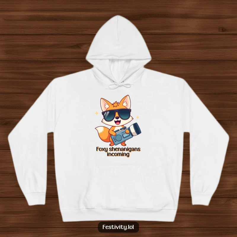 Funny hoodie featuring a happy fox in oversized sunglasses with a giant noisemaker, perfect for cozy parties.