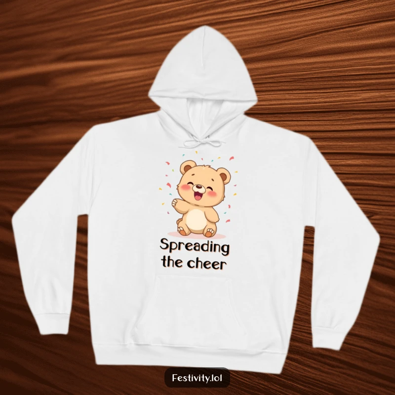 Funny hoodie featuring a giggling bear cub gleefully tossing confetti, perfect for cozy and cheerful days.
