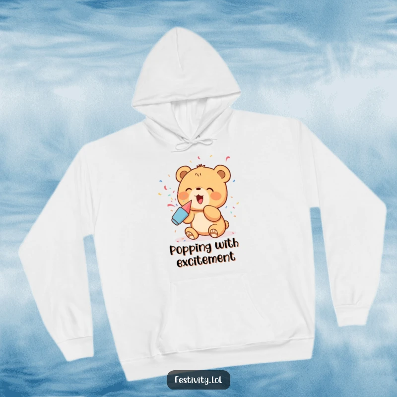Funny Hoodie: A delighted bear cub popping confetti, a cozy and cheerful piece of wearable art.