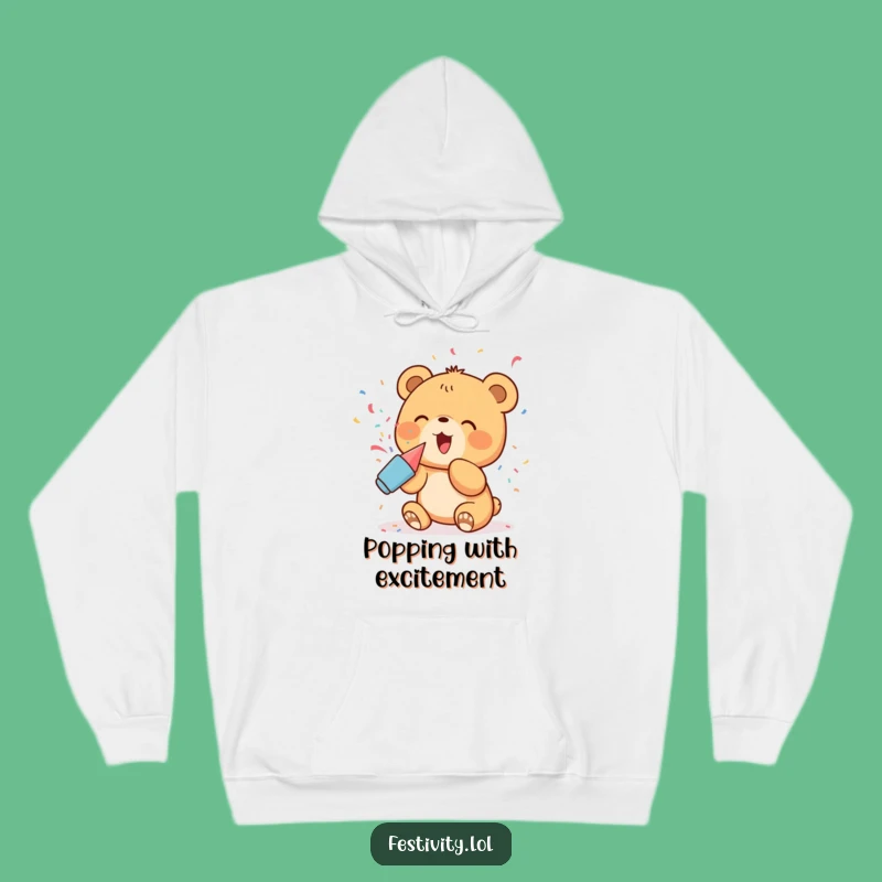 Funny Bear Cub Party Hoodie: Excited Cub's Cozy Confetti, Warm Humor Gift