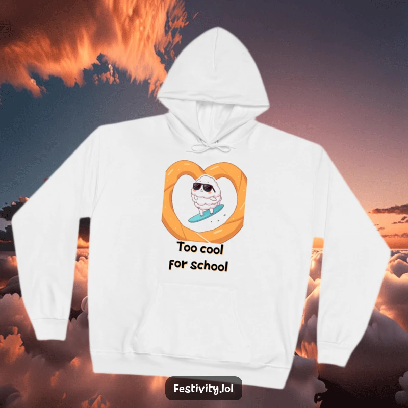 Funny cloud wearing sunglasses surfing on a giant pretzel, featured on a warm and humorous hoodie.