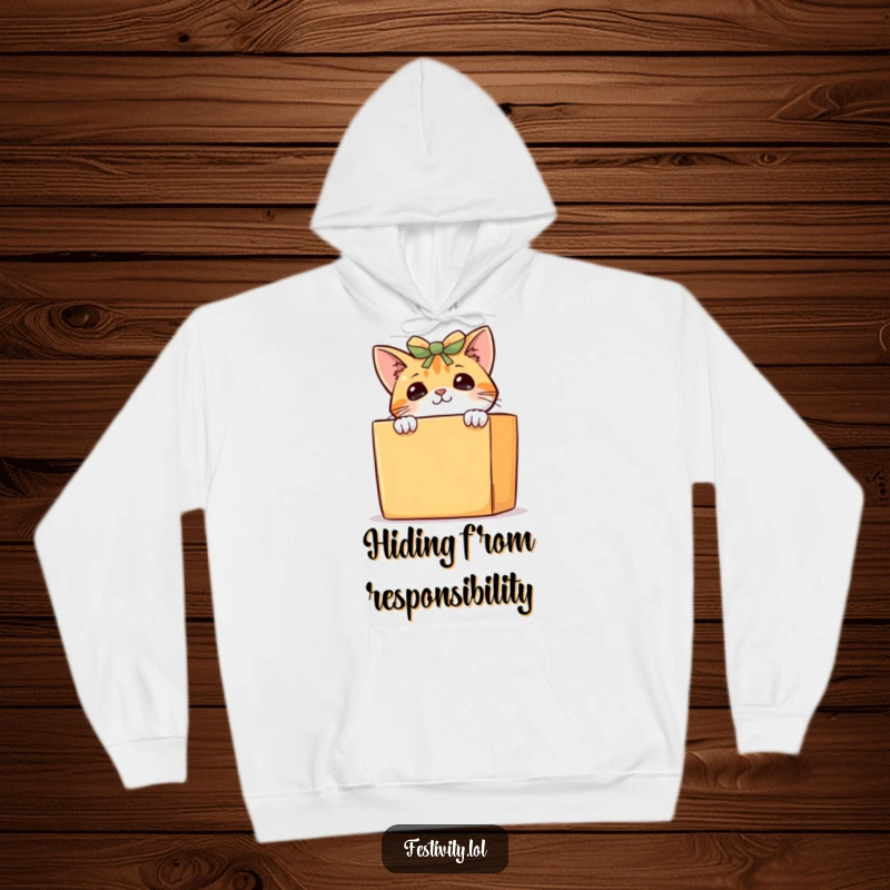 Funny curious cat hoodie, a cute kitten peeking from behind a giant gift box, radiating a sense of playful intrigue and warmth.