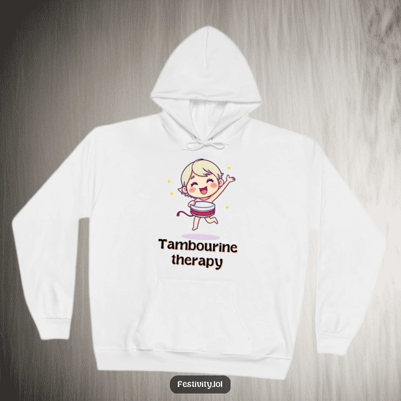 Funny merry character dancing energetically with a tambourine on a comfortable hoodie.