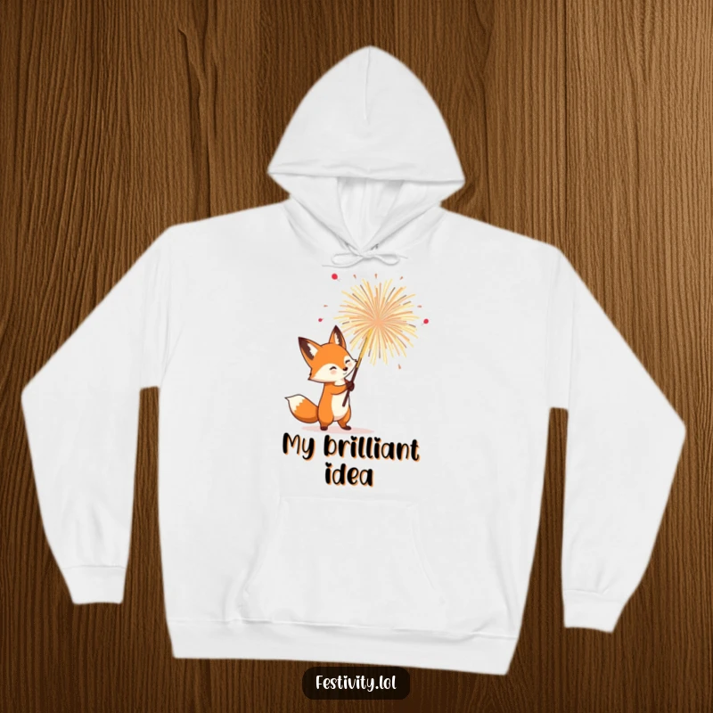 Funny Fox Hoodie: A determined fox holding a spectacular firework, offering bold warmth and humorous, explosive vibes.