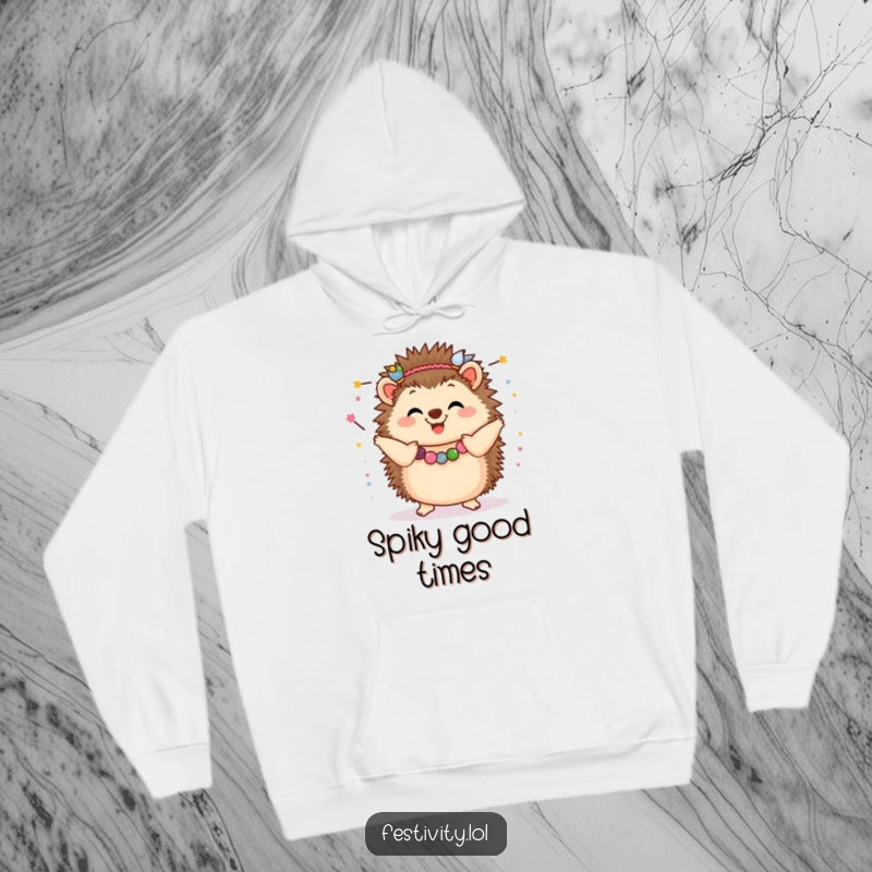 Funny Hedgehog Hoodie: A happy, garland-wearing hedgehog dancing gleefully, radiating festive and humorous warmth.