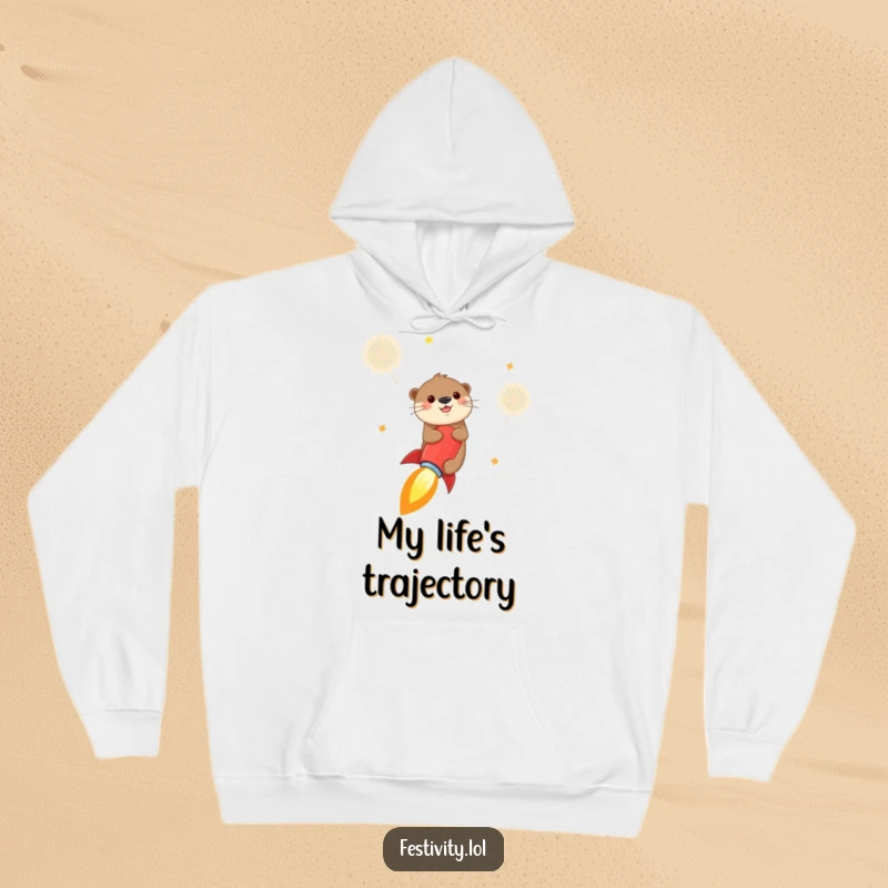 Funny otter hoodie featuring a cheerful otter riding a firecracker like a rocket into the sky, offering warmth and a dose of explosive humor.
