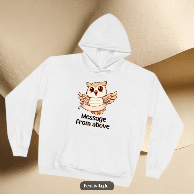 Funny owl hoodie, a joyful owl soaring with a banner in its talons, conveying a sense of wisdom and purpose.