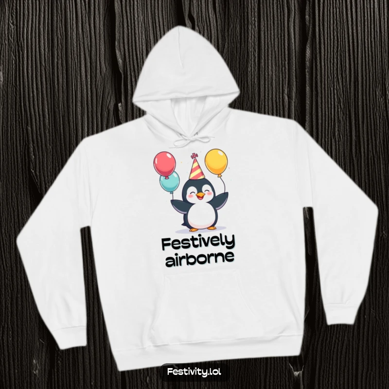 Funny Hoodie: A giggling penguin wearing a party hat, juggling balloons, a cozy and cheerful piece of wearable art.