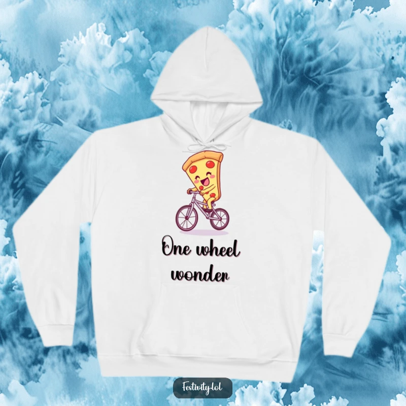 Funny, giggling pizza slice character attempting to ride a unicycle, featured on a soft and funny hoodie.