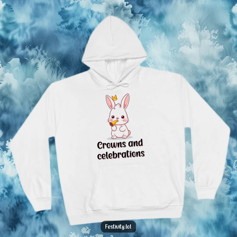 Funny hoodie with a curious rabbit wearing a miniature crown, blowing a party horn with enthusiasm.