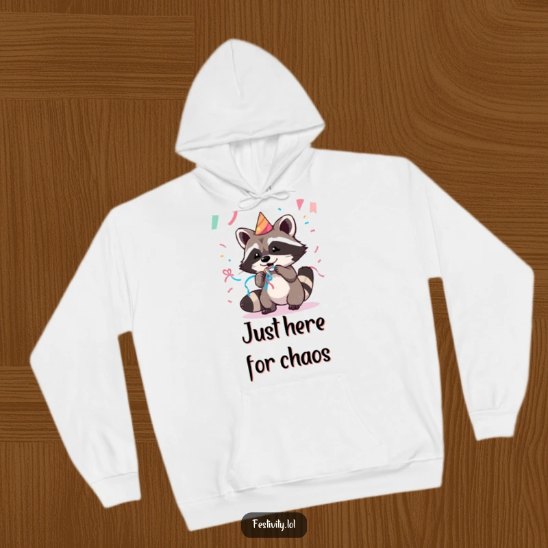 Funny, cozy hoodie depicting a sneaky raccoon playfully grabbing a party streamer, perfect for pranks and celebrations.