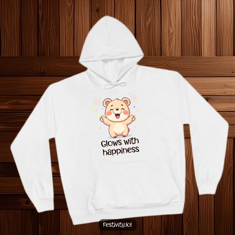 Funny hoodie featuring a joyful bear cub waving sparklers, combining warmth with adorable, celebratory cheer.