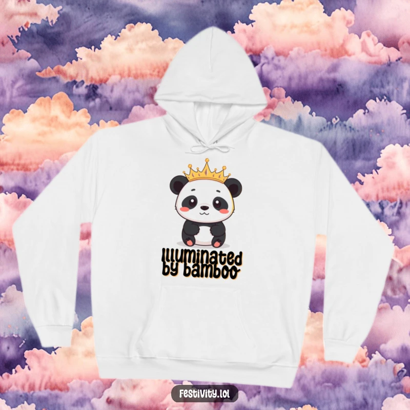 Funny panda wearing a glowing crown of tiny twinkling lights on a cozy hoodie, exuding determination and pride.