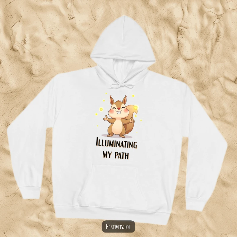 Funny squirrel hoodie featuring a determined squirrel juggling glowing fireflies with a wide grin, perfect for cozy evenings and humorous vibes.