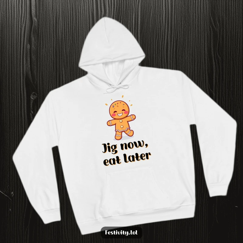 Funny Gingerbread Man Hoodie featuring a grinning gingerbread man character doing a lively jig, surrounded by scattered sweet sprinkles, perfect for cozy fun.