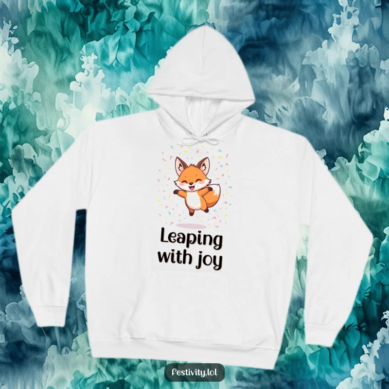 Funny hoodie featuring a grinning fox leaping through confetti, combining warmth with playful, celebratory style.