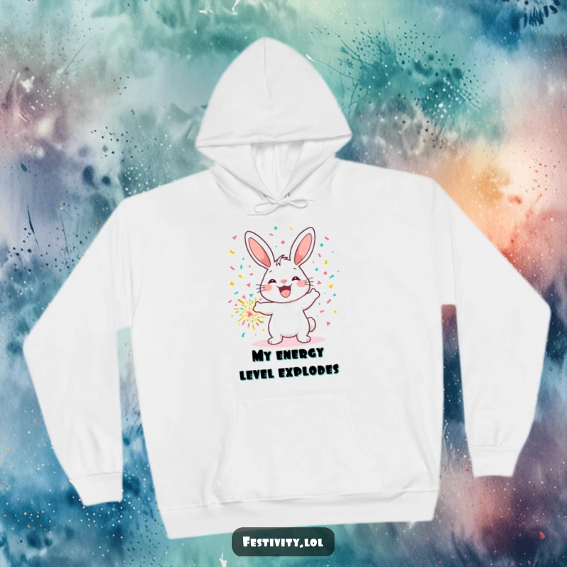 Funny hoodie with a smiling bunny celebrating by throwing a huge confetti bomb, perfect for cozy, cheerful, and humorous wear.