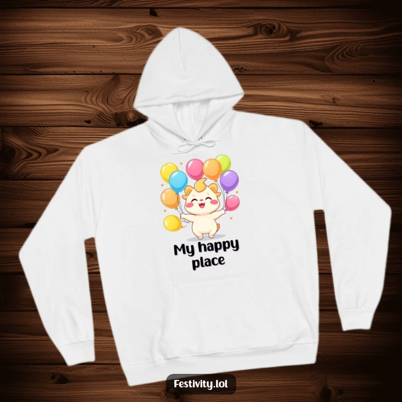 Funny joyful creature juggling colorful balloons on a soft and warm hoodie.