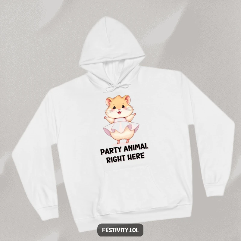 Funny hamster hoodie, a fluffy hamster dressed in a tiny party dress, happily twirling, exuding warmth and cheer.