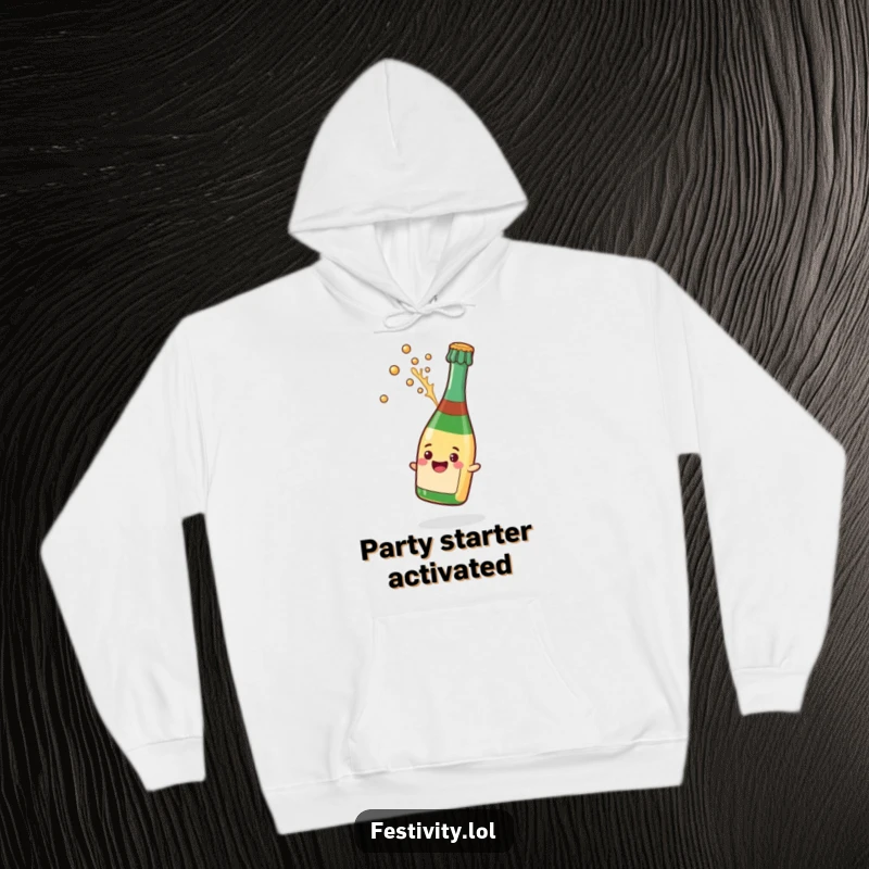 Funny hoodie depicting a jubilant champagne bottle uncorking with a splash, ideal for cozy celebrations and spreading cheer.