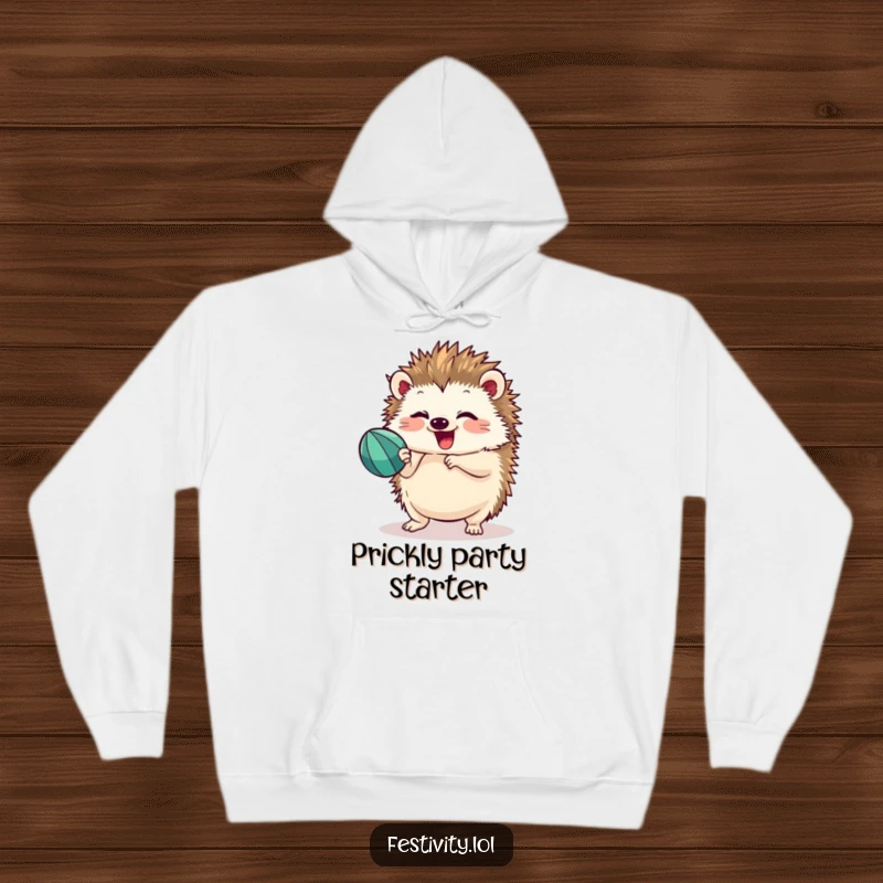 Funny hedgehog in a cozy hoodie, shaking a maraca with all its might, radiating pure, focused delight. A warm, humorous apparel choice.