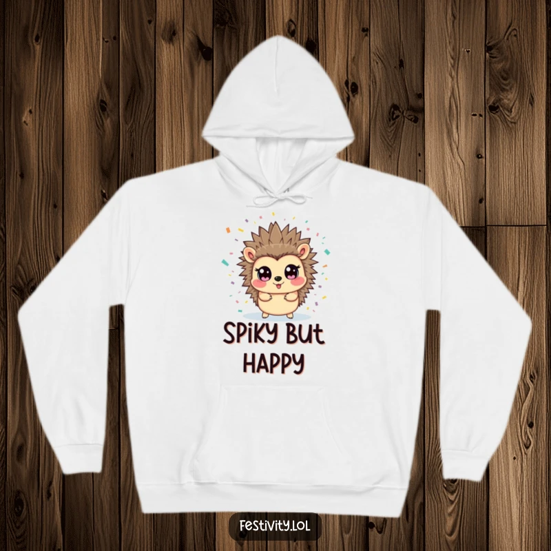 Funny hedgehog hoodie showing a delighted hedgehog experiencing a sudden, joyful burst of confetti. Soft, warm, and full of personality.